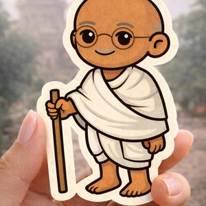May include: A cartoon sticker of Mahatma Gandhi, depicted with a bald head, round glasses, and a white dhoti. He holds a brown walking stick. The sticker has a cream-colored border and is held against a blurred outdoor background.