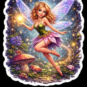 Pode incluir: Ilustração digital de uma fada com cabelo ruivo, olhos verdes e grandes asas iridescentes. Ela usa uma roupa verde e rosa e segura um orbe brilhante. O fundo apresenta uma floresta com cogumelos e flores.