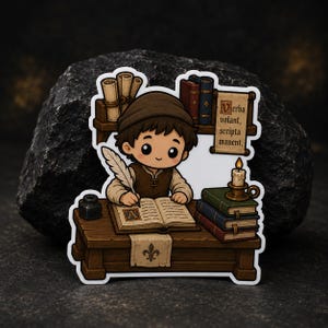 May include: A die-cut sticker featuring a cartoon character writing in a book with a quill at a wooden desk. The desk holds an inkwell, a stack of three books, and a candle. A shelf behind contains scrolls and books with the text Verba volant, scripta manent.
