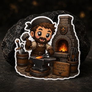 May include: A sticker illustration of a cartoon blacksmith with a beard and bandana, holding a hammer over an anvil with glowing metal. A stone forge with a fleur-de-lis emblem and a wooden sign reading GOOD STEEL BUILT BY HARD WORK are visible.
