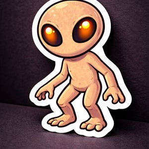 May include: A cartoon sticker of a beige alien with large, glowing orange eyes. The alien has a large head, small limbs, and is standing with its arms at its sides. The sticker has a white border and is set against a dark background.