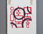 Abstracte Mid eeuw moderne linogravure Print in rood en paars 8 x 10