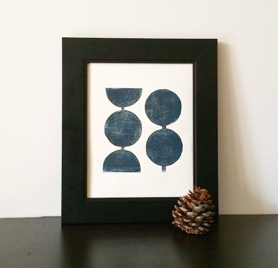 Midnight Blue Modern Linocut Decor Geometric Circles Art Print 8 x 10 Polka dot for dude