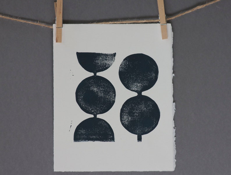 Midnight Blue Modern Linocut Decor Geometric Circles Art Print 8 x 10 Polka dot for dude