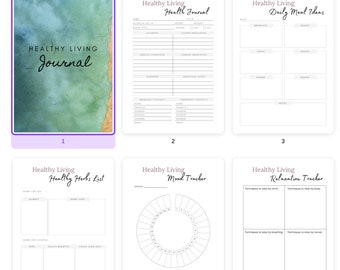 Healthy living digital journal, with recipes, mood and habit trackers, sleep log, reflections, self love, meditations, yoga, gratitude