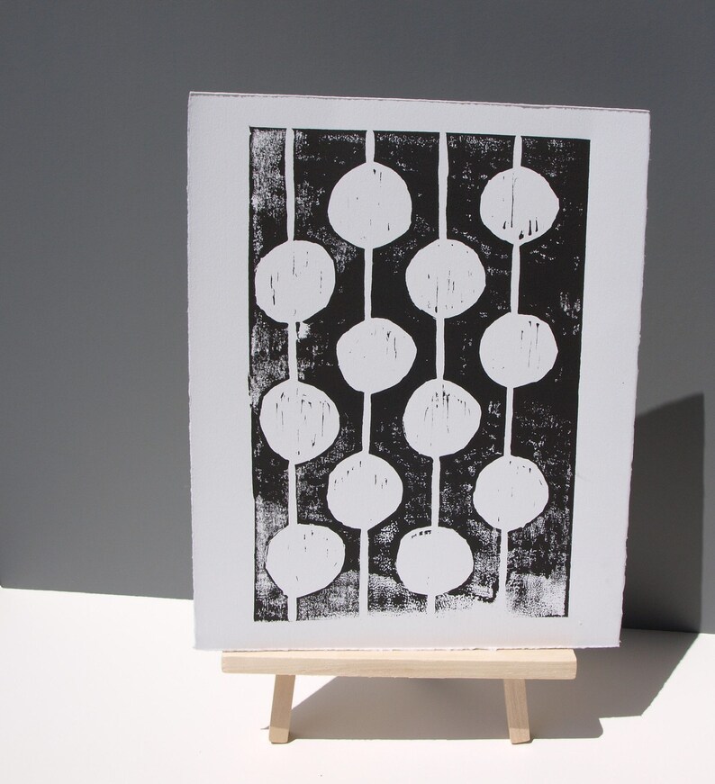 Dots Mid Century Modern Linocut Art Poster Black and White Etsy