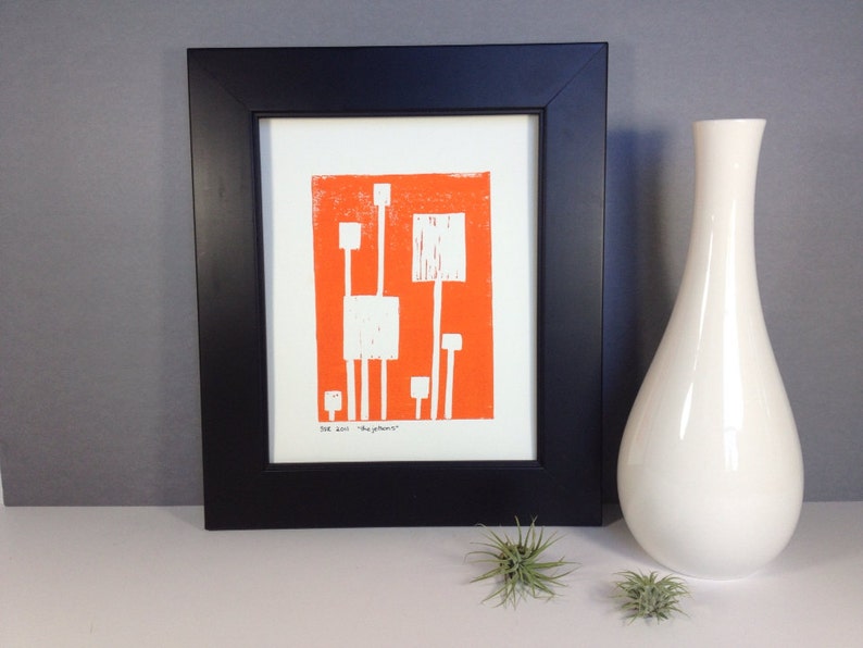 Linocut Mid Century Modern Art Print Bright Orange and White Squares 8x10