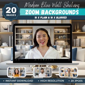 20 Modern Blue Wall Shelving Zoom Background Bundle, Virtual Background, Teams Background, Video Call, Library Decor, Bookshelf Background