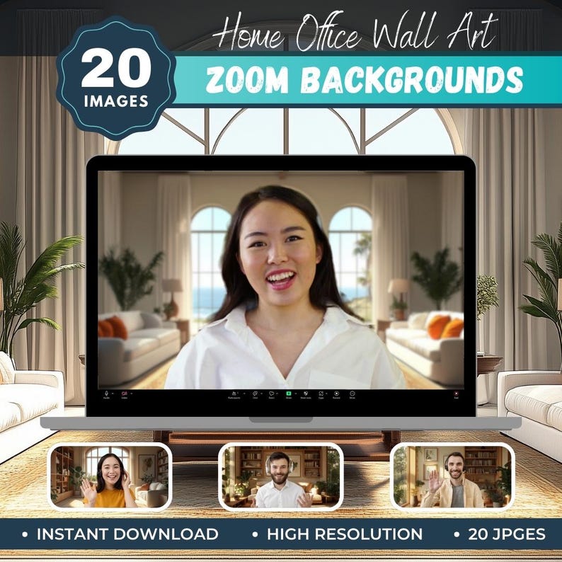 Modern Home Office Zoom Background: Wall Art, Bookshelf (digital