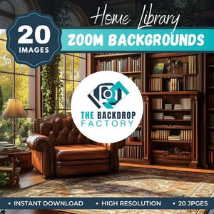 May include: A set of 20 high-resolution images of a home library with a leather armchair, a wooden bookshelf filled with books, and a large window. The images are perfect for Zoom backgrounds.