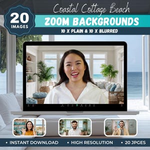 Op de afbeelding: Een laptop toont een Zoom-vergadering met een vrouw in een wit overhemd tegen een kustachtergrond. De afbeelding promoot "Coastal Cottage Beach Zoom Backgrounds", met 20 afbeeldingen, waaronder heldere en vage opties. Tekst omvat "Direct downloaden", "Hoge resolutie" en "20 JPGES."