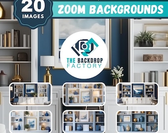 20 Blue Modern Home Office Zoom Background, Virtual Background, Teams Background, Video Conference Backdrop, Bookshelf Background