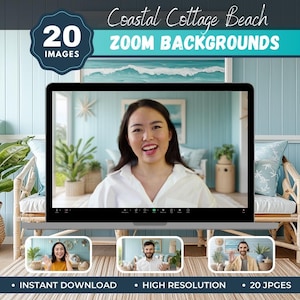 20 Coastal Cottage Bookshelf Zoom Backgrounds (Digital Download)