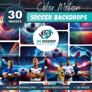 Puede incluir: Imagen promocional de fondos de fútbol. La imagen presenta un collage de fondos digitales con temática de fútbol, balones de fútbol y retratos de futbolistas. El texto incluye "30 Imágenes", "Soccer Backdrops" y "The Backdrop Factory". La imagen también indica "Descarga instantánea", "Alta resolución" y "30 JPG".