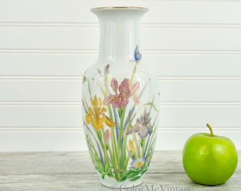Vintage Tall Asian Vase with Colorful Iris Flowers and Butterflies with Gold Outline