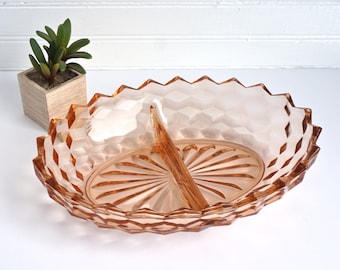 Oval Peach Glass Divided Dish, American Whitehall, Geometric Cube Pattern, Relish Vegetable Dish