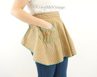 Vintage Apron Tan Brown with pink and minty teal green, Half Circle Apron