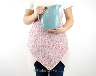Vintage Pink Gingham and Flowers Apron, V Angled Panels with Pockets