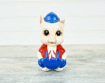 Vintage Pig Character Salt or Pepper Shaker DECOR Figurine, Blue and Red
