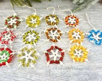Vintage Handmade Beaded Snowflake Ornaments, Set of 13 Colorful Snowflakes