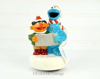 Vintage Muppets Christmas Music Box Figurine with Ernie and Cookie Monster, Gorham, 1980s, We Wish You A Merry Christmas