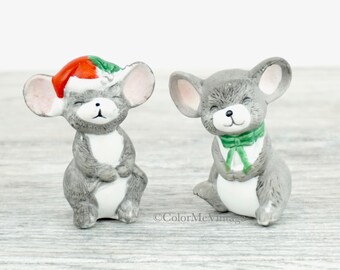 Vintage Christmas Mouse Salt Pepper Shakers Decor, Santa Hat Mice Couple, Taiwan