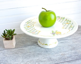 Vintage Footed Cake Plate Tin, Enameled Metal with Green Lattice and Flowers and Fruit, 1980s Pedestal Decoration