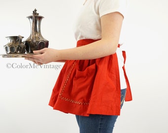 Vintage Red Apron with Metallic Gold Trim