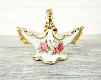 Vintage Porcelain Basket Vase Miniature with Pink Roses and Gold Trim, Made in Germany