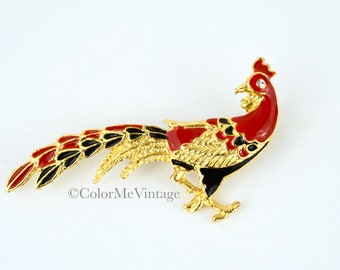 Vintage Bird Pin, Red Black and Gold Peacock Brooch