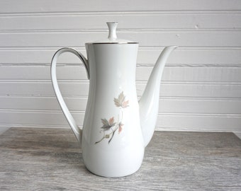 Noritake Oaklane Coffee Pot 1960s, Fine China Coffee Pitcher with Taupe and Peach Leaves