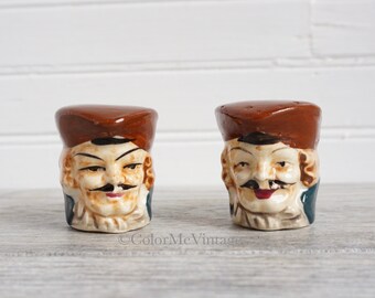 Vintage Colonial Character Toby Salt and Pepper Shakers, Small Man head with mustache, Made in Japan