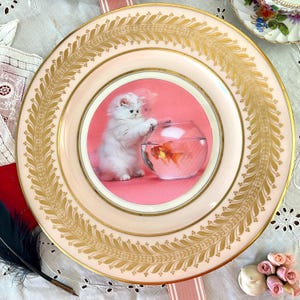 May include: A decorative plate with a pink and gold rim featuring a central image of a white kitten reaching towards a goldfish in a bowl. The plate has a gold leaf pattern around the edge.