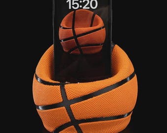 Soporte para teléfono con diseño de baloncesto – Impreso en 3D en PLA, color naranja y blanco / Soporte deportivo para teléfono / Regalo para aficionados y jugadores de baloncesto