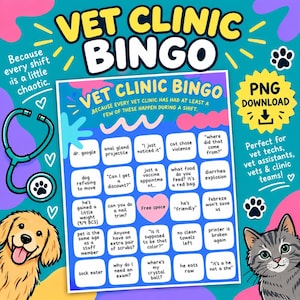 Puede incluir: Una tarjeta de juego Vet Clinic Bingo con una cuadrícula de 5x5 que incluye textos como dr. google, anal gland projectile y cat chose violence. El diseño presenta un fondo turquesa, un estetoscopio, un golden retriever y un gato atigrado.