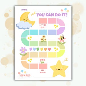 以下が含まれることがあります： 「YOU CAN DO IT！」と「LET'S DO THIS！」の文字が入った、カラフルなご褒美チャート。笑顔の月、星、花、蜂が描かれています。進捗状況を追跡するためのスペースと、ご褒美セクションが含まれています。