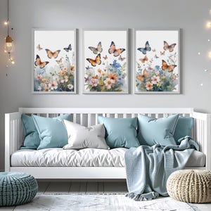 Bloemenveld boho wilde bloemen vlinders prints, bloemen kinderkamer kunst aan de muur, decor babymeisje kinderkamer, aquarel bloemen, weidebloemen