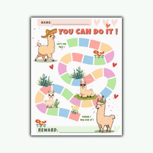 Puede incluir: Un colorido cuadro de recompensas con llamas de dibujos animados, cactus y flores. El cuadro incluye el texto "YOU CAN DO IT!" y espacios para un nombre y una recompensa. Las llamas llevan sombreros y gafas de sol.