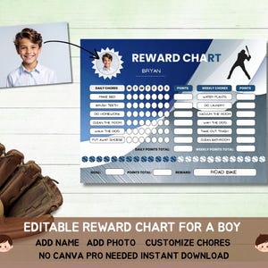 May include: A blue and white reward chart with a photo of a boy, baseball glove, and baseball. The chart includes daily and weekly chores, points, and a reward section. Text on the chart reads "Reward Chart" and "Road Bike".