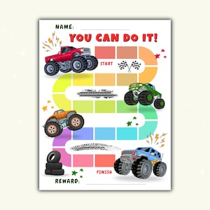 Könnte beinhalten: Eine farbenfrohe Belohnungstabelle mit Monstertrucks. Die Tabelle enthält den Text "YOU CAN DO IT!" und Platz für einen Namen und eine Belohnung. Das Design beinhaltet ein Rennstrecken-Thema mit Start- und Ziellinien und Reifenspuren.
