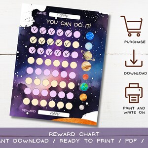 Puede incluir: Un gráfico de recompensas imprimible con un diseño espacial. El gráfico presenta un fondo de galaxia, planetas y casillas de verificación. El texto incluye "YOU CAN DO IT!" y "REWARD". El gráfico está diseñado para descarga instantánea y listo para imprimir.