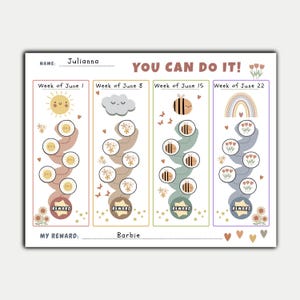 Puede incluir: Un gráfico de tareas colorido con el texto "YOU CAN DO IT!" y el nombre "Julianna". El gráfico presenta ilustraciones de un sol, nubes, abejas y un arcoíris, con espacios para recompensas. El texto "Barbie" está escrito en la sección de recompensas.