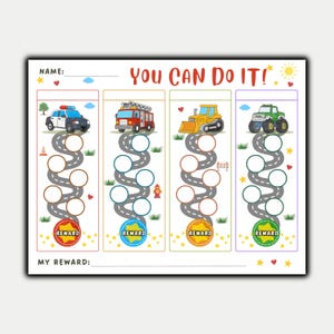 May include: A reward chart titled YOU CAN DO IT! featuring four vertical columns with a police car, fire truck, bulldozer, and monster truck. Each column has a winding road path with circular spots for tracking progress and a reward badge.