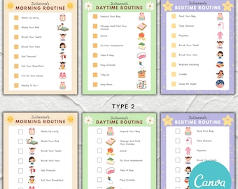 May include: A set of six colorful, fully editable visual daily routine charts. Each chart is designed with a specific theme: Morning, Daytime, and Bedtime routines. The charts include illustrations and text for easy understanding. The Canva template is also visible.