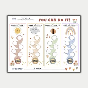 Puede incluir: Un colorido cuadro de tareas con el texto "YOU CAN DO IT!" y el nombre "Julianna". El cuadro presenta ilustraciones de un sol, una nube, una abeja y un arcoíris, con espacios para recompensas. El texto "Barbie" está escrito en la sección de recompensas.