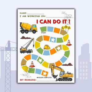 Può includere: Un grafico colorato a tema costruzione con il testo "I CAN DO IT!". Il grafico presenta illustrazioni di veicoli da costruzione, un percorso di gioco e spazi per un nome, un compito e una ricompensa. Il design include una betoniera, una gru e un escavatore.