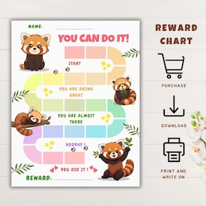 Pode incluir: Um gráfico de recompensas colorido com um tema de panda vermelho. O gráfico inclui espaços para acompanhar o progresso, com frases como "You Can Do It!" e "You Did It!" junto com ilustrações de pandas vermelhos. O gráfico também tem ícones para compra, download e impressão.