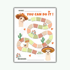 Puede incluir: Un gráfico de recompensas con una llama con un sombrero. El gráfico tiene un camino con espacios, cactus, flores y el texto "YOU CAN DO IT!" y "YAHOO! YOU DID IT!" Hay espacios para el nombre y la recompensa.