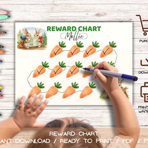 Puede incluir: Un cuadro de recompensas con el texto "REWARD CHART Mollie" e ilustraciones de zanahorias y conejos. Un niño está usando un marcador para marcar el cuadro. El cuadro incluye el texto "INSTANT DOWNLOAD / READY TO PRINT / PDF / PNG".