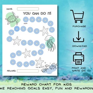 Może przedstawiać: Wydrukowany wykres nagród dla dzieci z motywem oceanu. Wykres zawiera ilustracje żółwia, meduzy, rozgwiazdy i ryb. Tekst zawiera "You Can Do It!" i "Reward Chart for Kids".